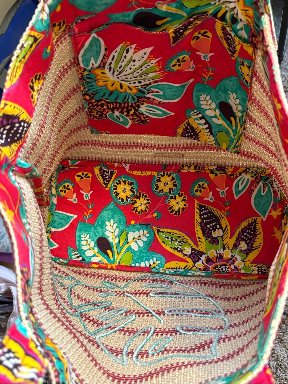 Vera Bradley Striped Straw Tote Tropical Embroidery Large Shoulder Bag Beach - Picture 6 of 6